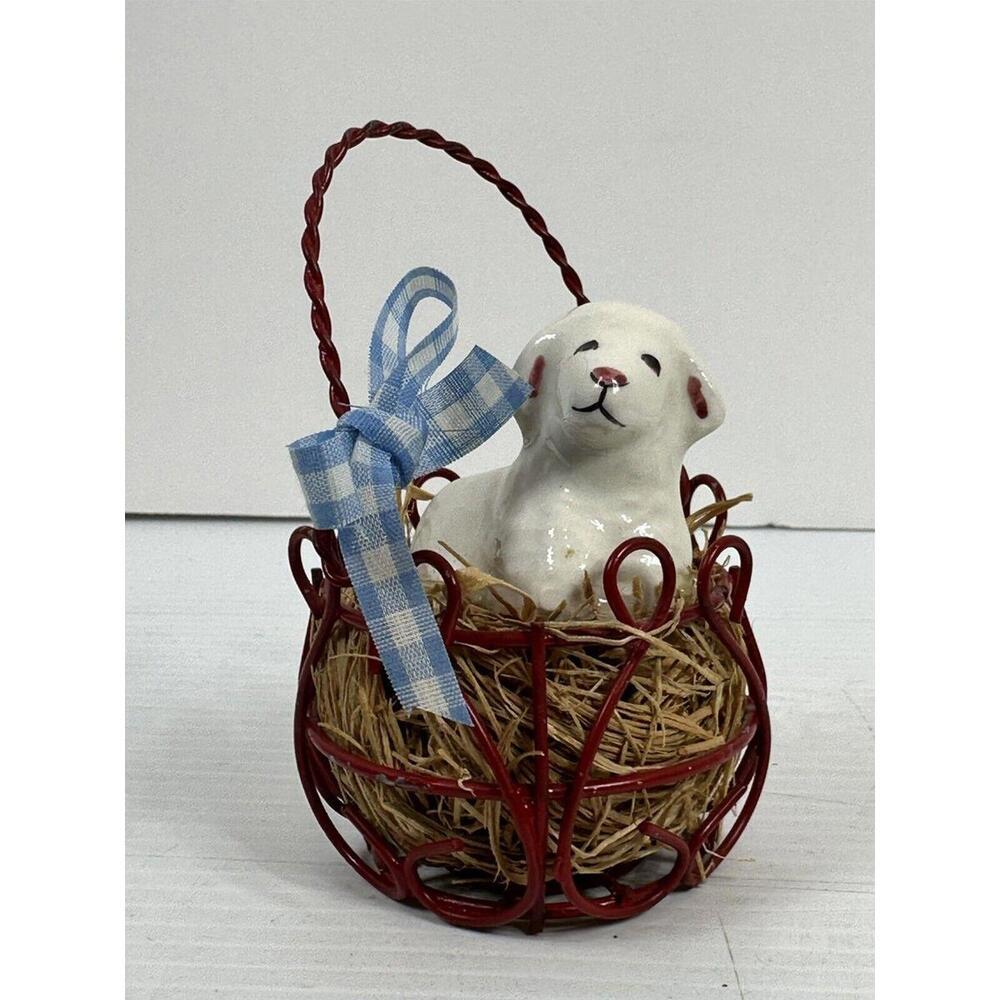 VTG Sandra Claus Shoppe Christmas Tree Ornament Wire Basket Ceramic Sheep Lamb